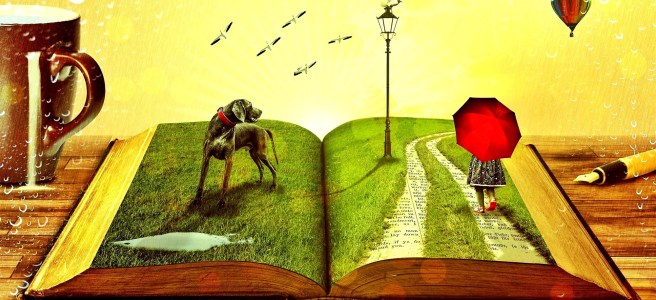 Книга, от която излизат приказни герои - куче, момиче, птици, балон, лампа