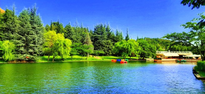 Изкуственото езеро в парк Свети Врач в град сандански. Пъстра снимка в синьо и зелено, виждат се и водните колела в езерото.